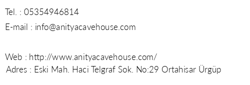 Anitya Cave House telefon numaralar, faks, e-mail, posta adresi ve iletiim bilgileri